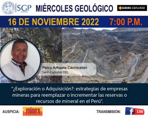 Miércoles Geológico, 16 de noviembre de 2022 7:00 PM | Exploración o Adquisición?: estrategias de empresas mineras para reemplazar o incrementar las reservas o recursos de mineral en el Perú.