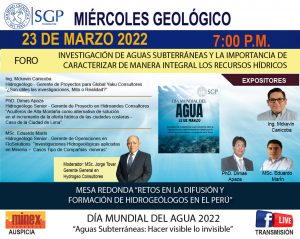 Miércoles Geológico, 23 de marzo de 2022 7:00 PM FORO | Investigación de Aguas Subterráneas y la importancia de caracterizar de manera integral los Recursos Hídricos. Mesa redonda | “Retos en la difusión y formación de hidrogeólogos en el Perú”