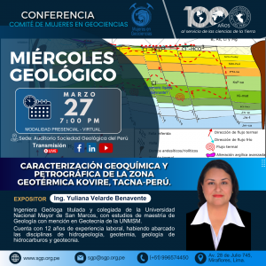 Miércoles Geológico, 27 de marzo 2024 7:00 PM | “Caracterización Geoquímica y Petrográfica de la zona geotérmica Kovire. Tacna – Perú”.