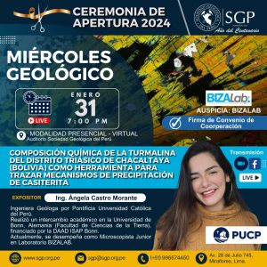 Miércoles Geológico, 31 de enero 2024 7:00 PM | Composición Química de la Turmalina del distrito triásico de Chacaltaya (Bolivia) como herramienta para trazar mecanismos de precipitación de Casiterita”.