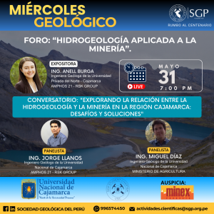 Miércoles Geológico, 31 de mayo 2023 7:00 PM | Hidrogeología Aplicada a la Minería.