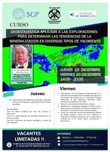 19 – 20 DICIEMBRE | GEOESTADÍSTICA APLICADA A LAS EXPLORACIONES PARA DETERMINAR LAS TENDENCIAS DE LA MINERALIZACIÓN EN DIVERSOS TIPOS DE YACIMIENTO