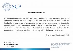 PRONUNCIAMIENTO  | La Sociedad Geológica del Perú ante la crisis política que atraviesa nuestro país. La SGP llama a la calma, para que pare la violencia y se logre la paz social, mediante el diálogo.